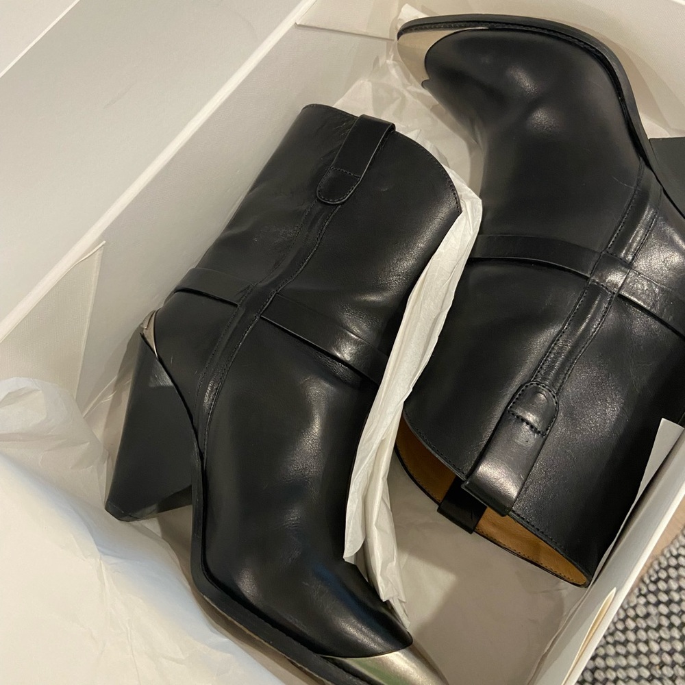 Designer ISABEL MARANT Black Leather Booties/Silver toe & designer heel emblem